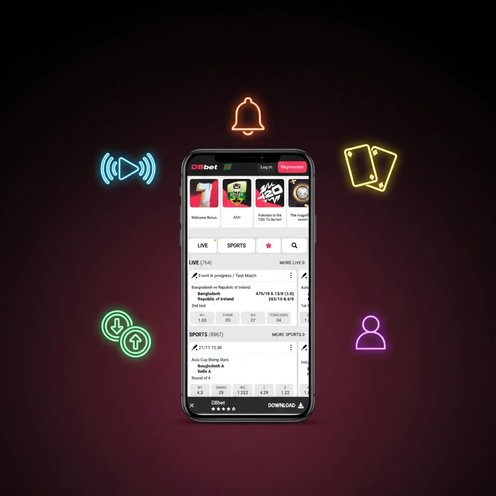 DBBet app: live betting, casino, fast 4G odds, cash out, local BD payments like bKash/Nagad, push alerts.