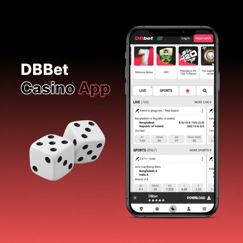 DBBet app home screen with casino hub; switch sports, slots, tables; live roulette/blackjack; promo tab for free spins.