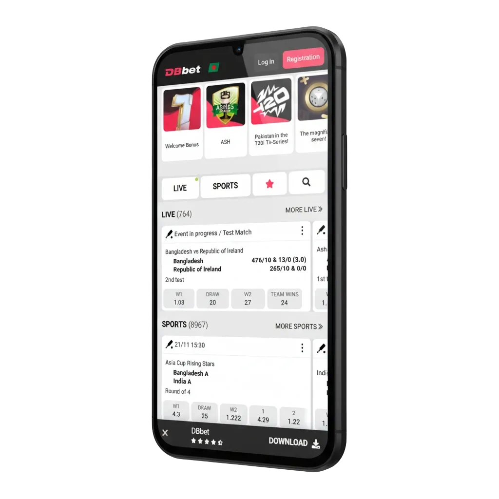 DBBet app for Android APK and iOS; English/Bengali; legal in Bangladesh; 100% sports bonus, casino €1500 + 150 FS; icons