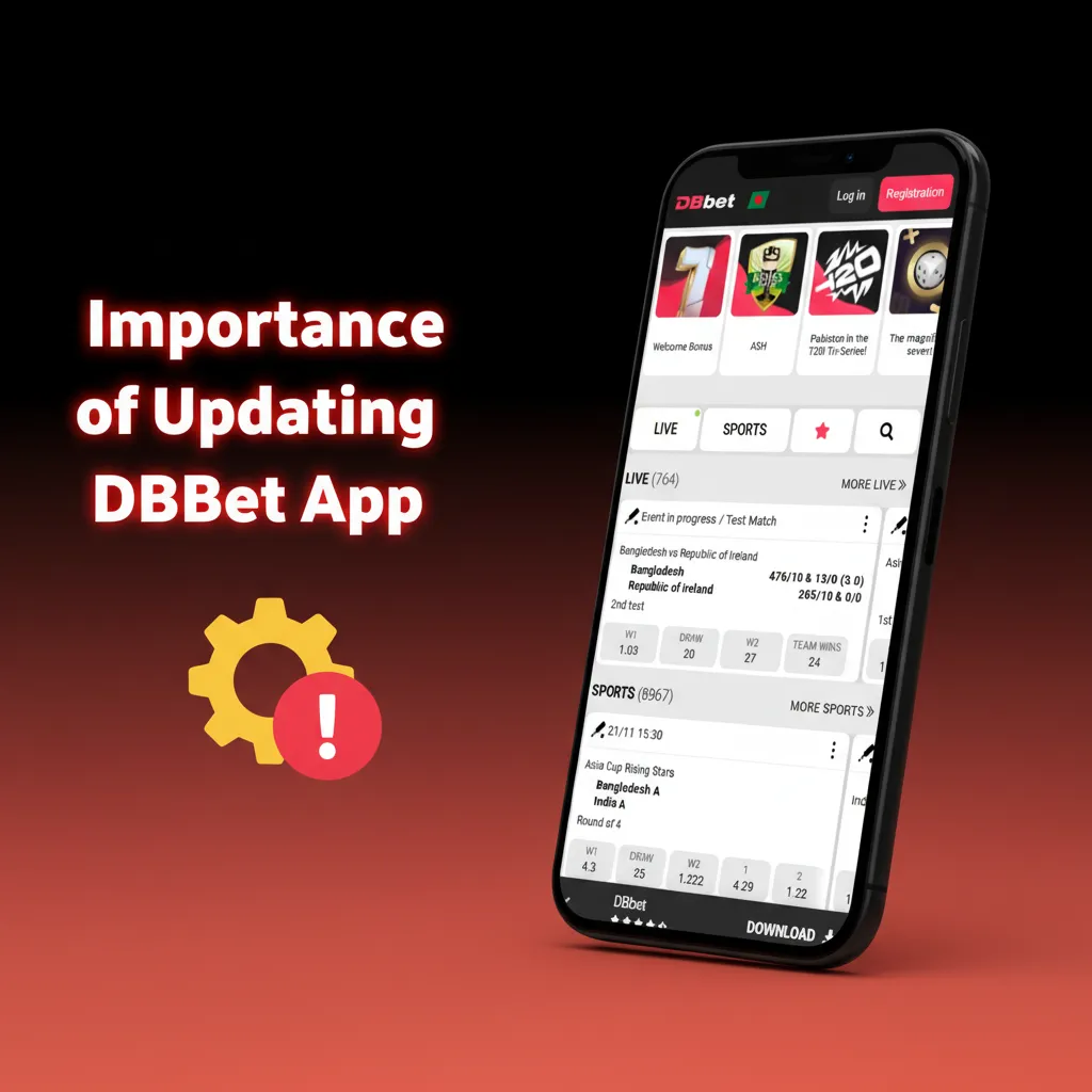 Phone showing DBBet app update with speed, shield, and live odds icons, highlighting stability and faster cashouts.
