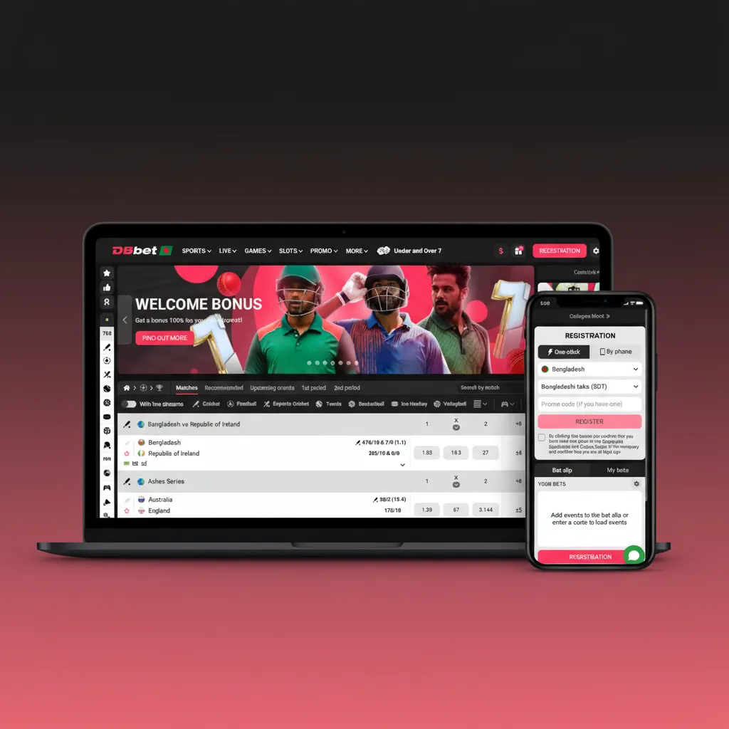 DBBet interface with clean, simple top bar: Sports, Live, Esports, Casino, Live Casino, Support, account, odds, bet slip.