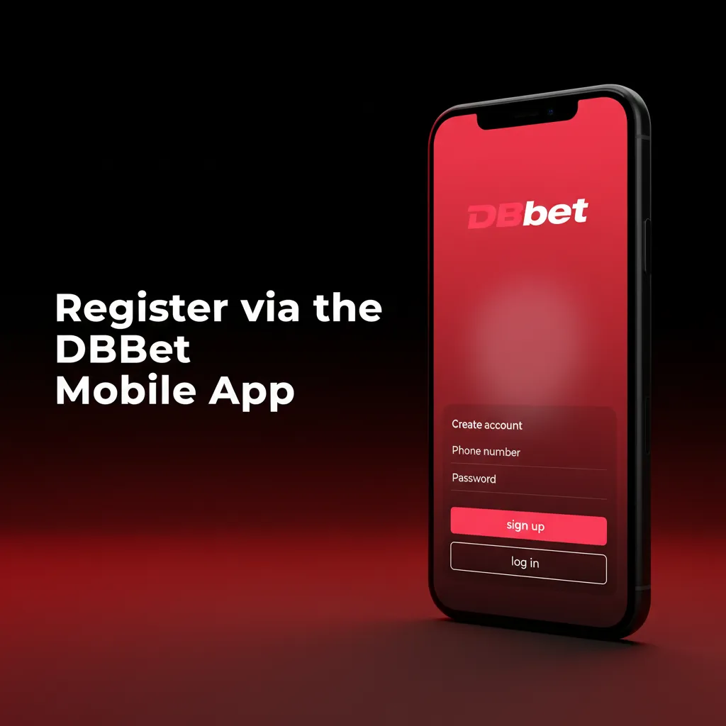 DBBet app registration screen on a smartphone showing sign-up methods, biometrics sign-in, and SMS or email verification.